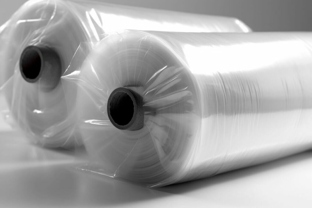 Industrial stretch film roll beside a pallet-wrapping workstation